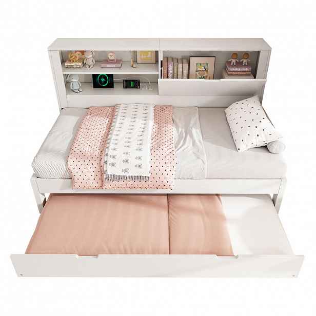 OKWISH ROZKLÁDACÍ postel 90/200 cm bílá z dřeva s výsuvným lůžkem a úložným čelem