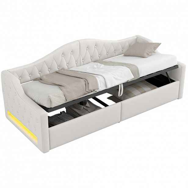 OKWISH ČALOUNĚNÁ postel 90/200 cm béžová z MDF a překližky s LED osvětlením a úložným prostorem