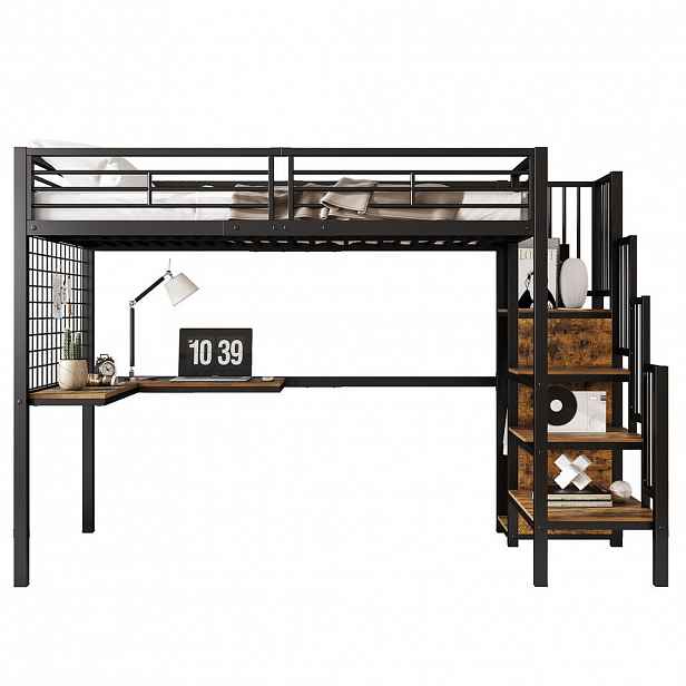 OKWISH VYSOKÁ postel 90/200 cm černá a tmavý ořech se stolem a šatní skříní z kovu a MDF