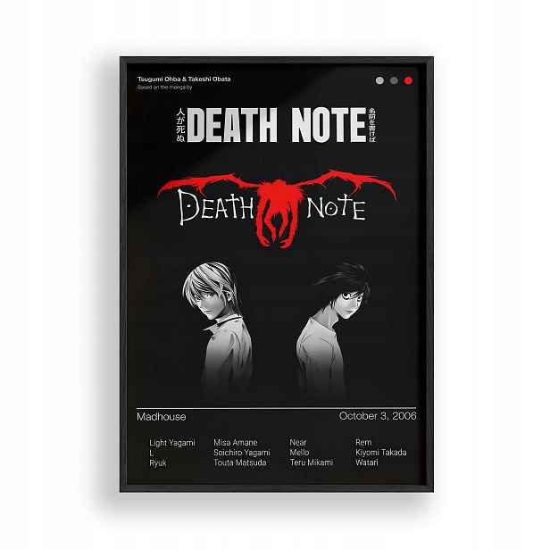 Obraz Death Note Light Yagami Anime Plakát Rámeček Dřevěný Černý 30x42 cm