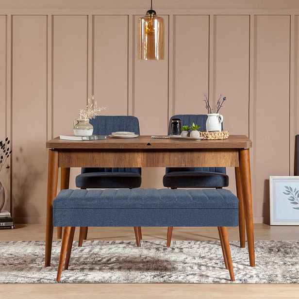 Jídelní set s rozkládacím stolem a židlemi (4 kusy) Vina 1048 - 3 - Walnut, Dark Blue