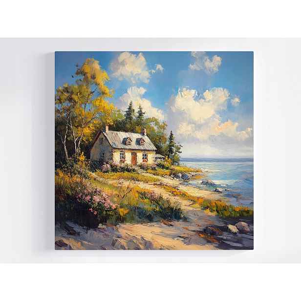 Obraz Na Plátně Canvas Krajina Dům Moře Pobřeží Pláž Květiny Hygge 50x50