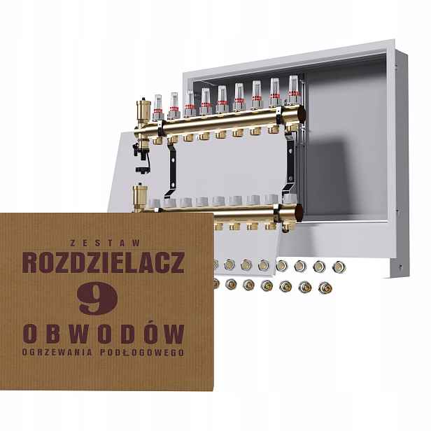 Rozdělovač pro podlahu 9 okruhů podomítková skříňka spojky Pex