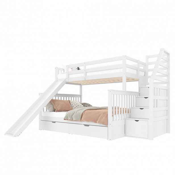 CHICFURN PATROVÁ POSTEL 90/200 cm a 140/200 cm ve starobílé barvě se skluzavkou a zásuvkami
