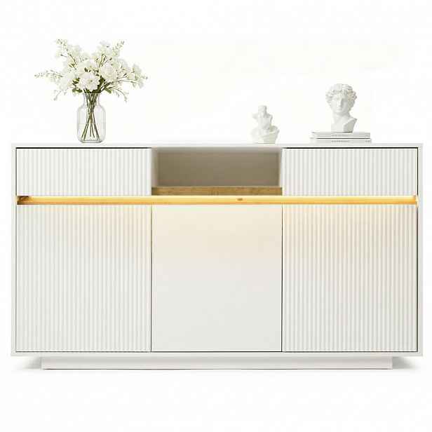 Modfu KOMODA z MDF a dřevotřísky 140x40x85 cm bílá s LED osvětlením, 2 zásuvkami a 3 dvířky
