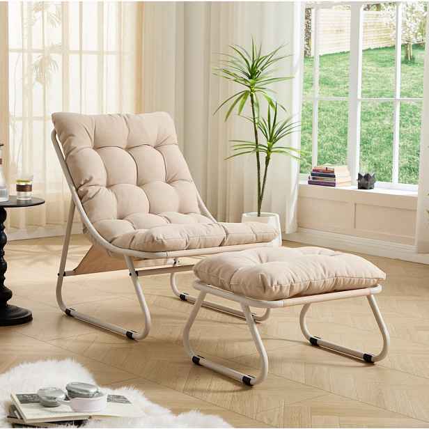 OKWISH ZAHRADNÍ lounge křeslo 65/78/86 cm béžové z oceli s podnožkou a polstrováním