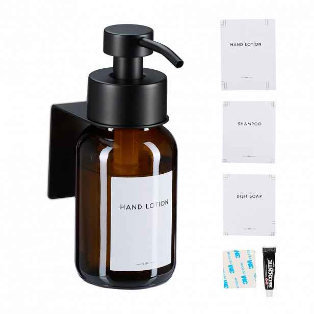 Relaxdays DÁVKOVAČ MÝDLA Černá hnědá nástěnný bez vrtání 250 ml