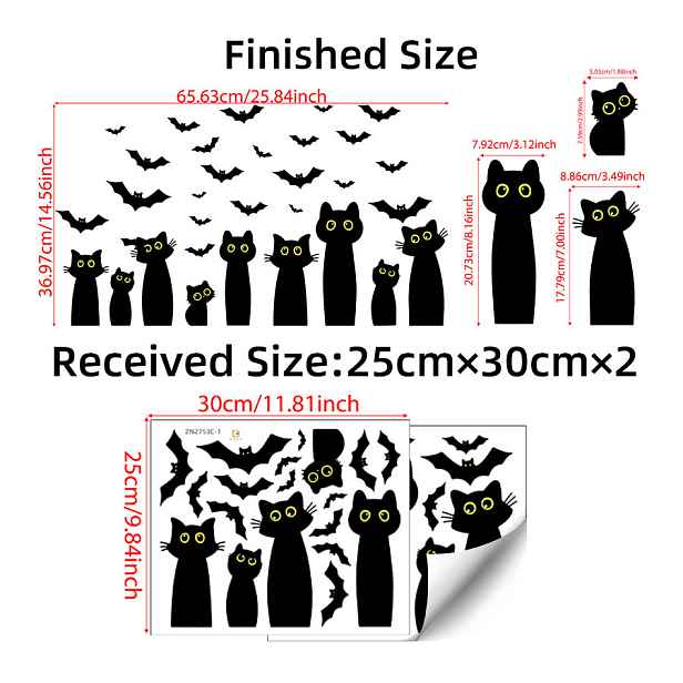 TEMU 2 Halloweenské samolepky na zeď s černou kočkou, 9 siluet koček a netopýrů se žlutýma očima, strašidelné, snadno instalovatelné samolepicí PVC