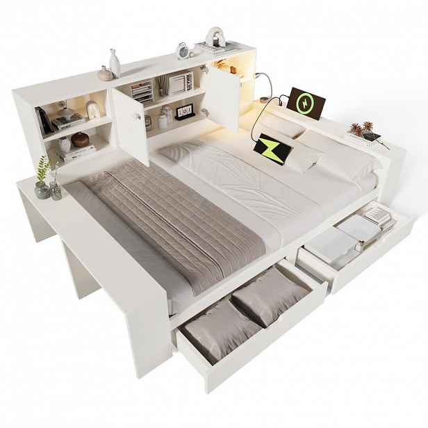 OKWISH POSTEL 140/200 cm bílá z MDF a překližky s úložným prostorem zásuvkami a USB