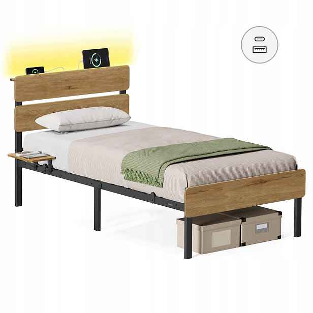 Kovová postel Vasagle 90x200 cm dub světlý Led Usb