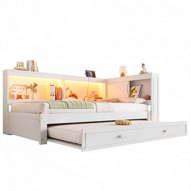CHICFURN ROZKLÁDACÍ POHOVKA 90/200 cm v bílé barvě s výsuvným lůžkem, LED a USB