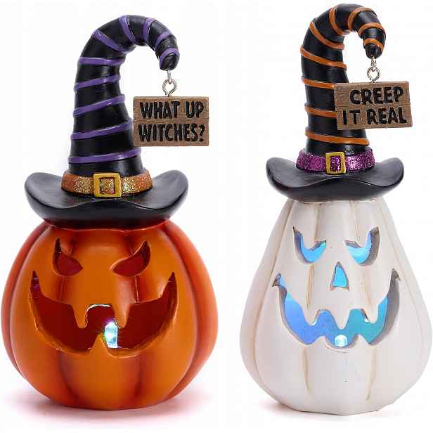 Halloweenská Zahradní Dekorace Dýně S Čarodějnickými Čepicemi, Svítící Led