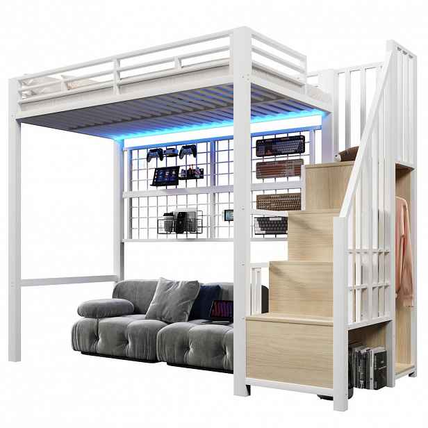 OKWISH BÍLÁ kovová patrová postel (90/200 cm) s úložným žebříkem a LED osvětlením