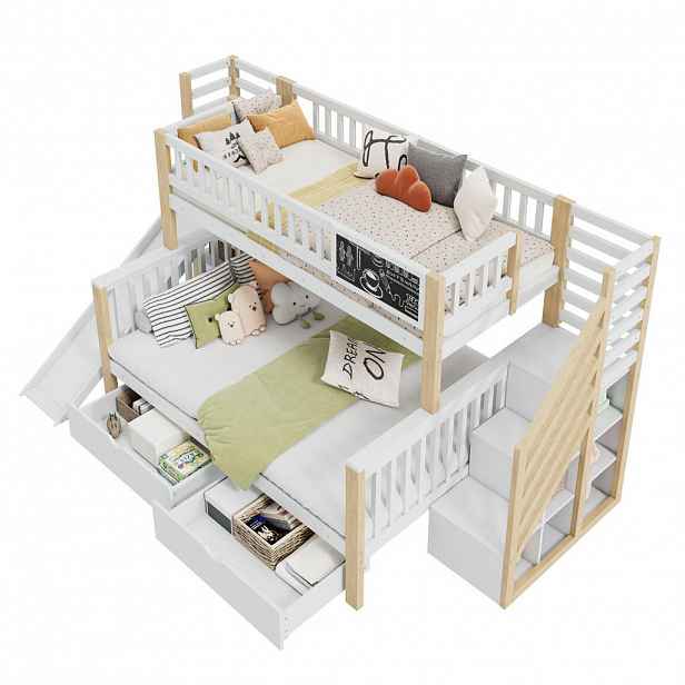 CHICFURN PATROVÁ POSTEL 90/200 cm & 140/200 cm v bílé a přírodní barvě se skluzavkou a úložnými schody
