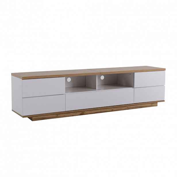 Modfu TV stolek z MDF 180x38x46 cm bílá/barva dřeva s 5 dvířky, 2 otevřenými přihrádkami a lamelovým designem