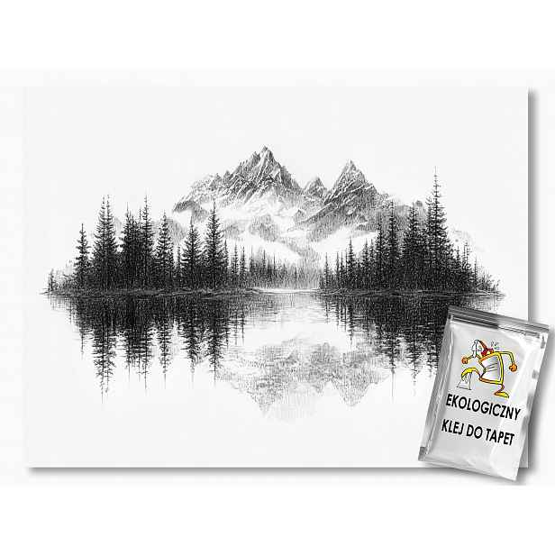 Vliesová fototapeta s grafikou: Krajina, hory, jezero, stromy, černobílá, 368x254 cm, 130g