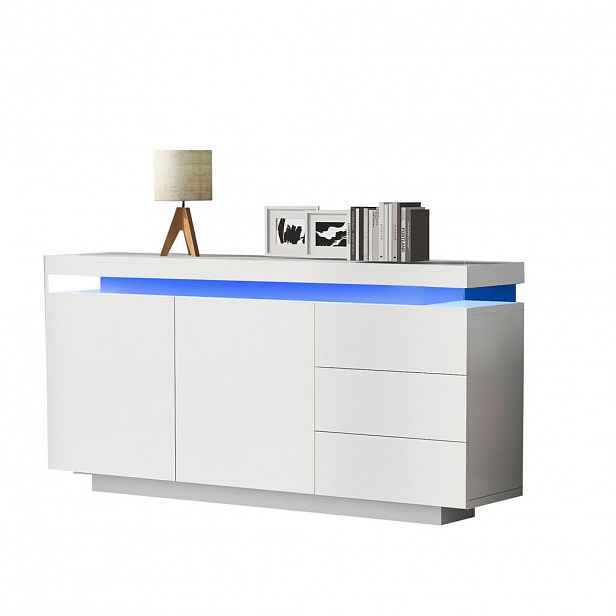 Modfu KOMODA z dřevotřísky 140x35x72,5 cm bílá s LED osvětlením, 2 dvířky, 3 zásuvkami a vysokým leskem