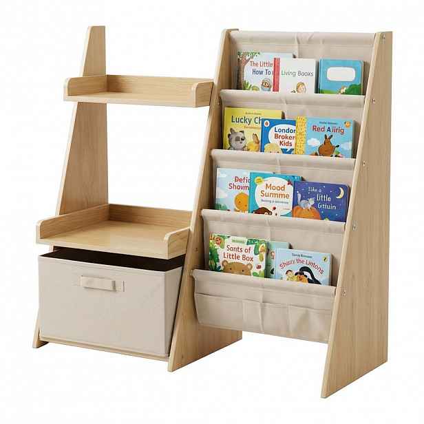 Relaxdays KNIHOVNA přírodní bílá pro děti látkové kapsy box 80 cm