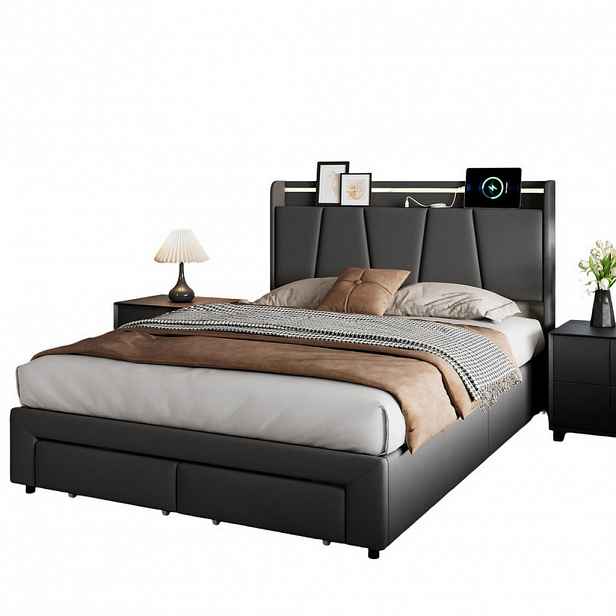 SHOPENTRA ČALOUNĚNÁ postel 160x200 cm LED USB 2 zásuvky úložný prostor