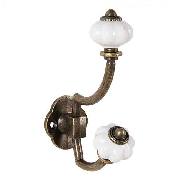 Mosazný antik kovový nástěnný háček s knopkami - 4*9*13 cm Clayre & Eef