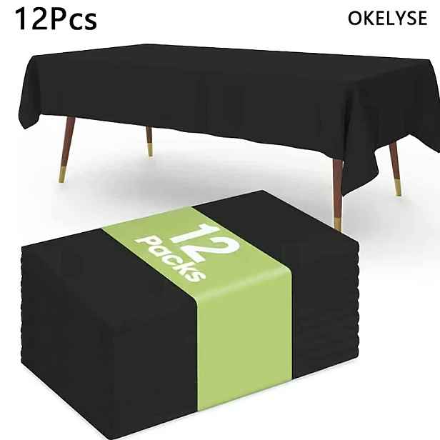 TEMU Sada 12 elegantních černých jednorázových ubrusů z odolného, snadno čistitelného PEVA plastu s stylovým designem, vhodná pro svatby, rozlučky se