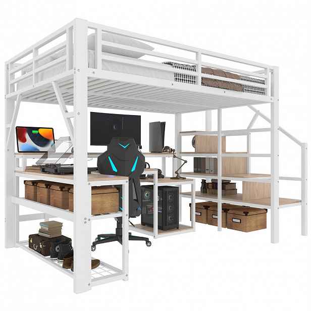 Modfu PATROVÁ postel z kovu a MDF 140x200 cm bílá s LED osvětlením, USB portem, psacím stolem a úložným prostorem