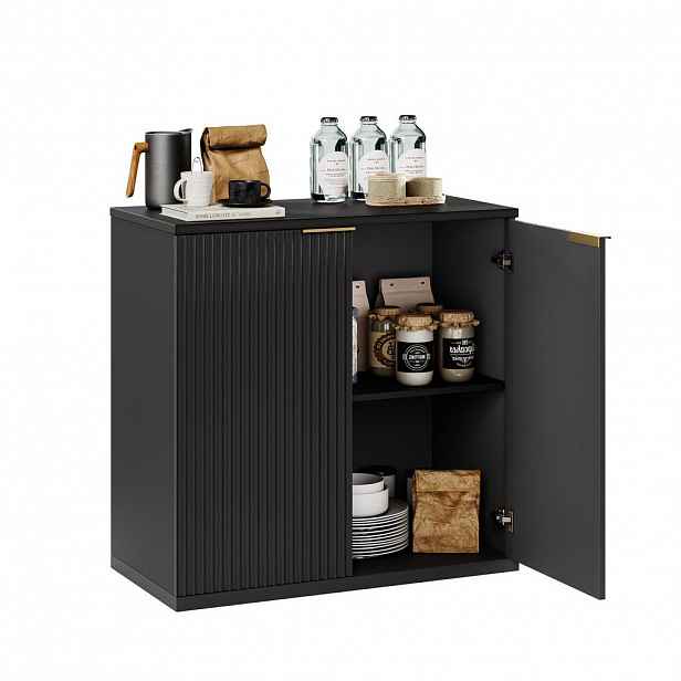 Modfu SIDEBOARD z MDF 80x40x80 cm černý se dvěma dvířky, žebrovaným čelem a zlatou L úchytkou