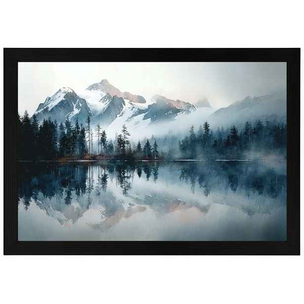 Plakát Rámeček Dřevo Hory Jezero Odblesk Mlha Krajina Zen 60x40