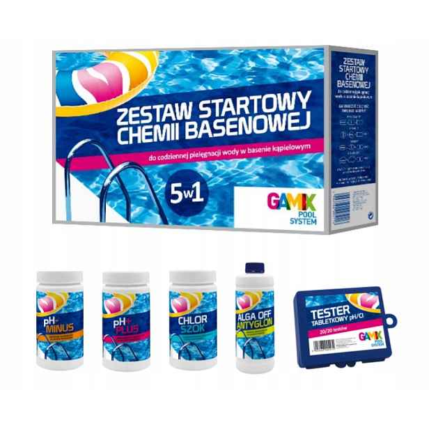 Startovací Sada Chemie Do Bazénu Chlor Protiřasový Prostředek Ph Tester 5V1 Gamix