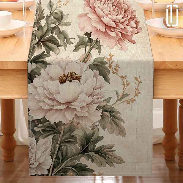 TEMU 1 kus elegantního květinového stolu - polyester, tkanina, lehká béžová s růžovými peoniemi a zelenými , ideální pro večírky, sváteční a domácí