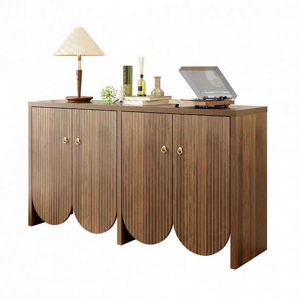 Modfu KOMODA z MDF 147x40x80 cm ořechová se 4 dvířky, nastavitelnými policemi a drážkovaným designem