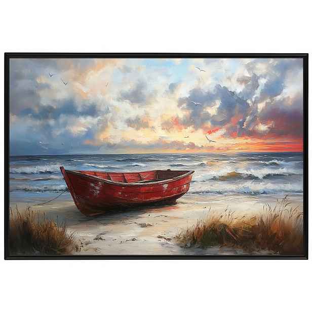 Plakát Rámeček Hliník Červený Loď Pláž Západ Slunce Moře Léto 60x40