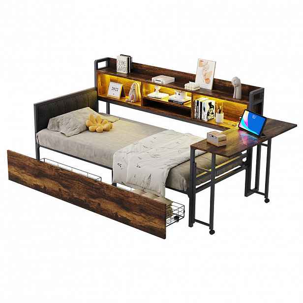 CHICFURN KOVOVÁ POSTEL 90/200 cm v přírodní barvě se zásuvkami, LED osvětlením a výklopným stolkem