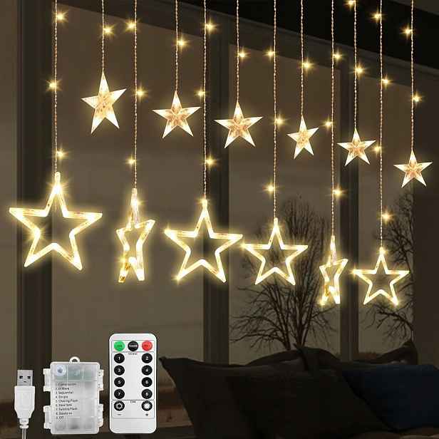 Hvězdná Světelný Závěs 138 Led 12 Hvězd Teplá Bílá Usb Baterie