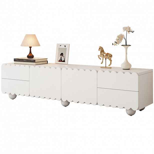 Modfu TV stolek z MDF a dřevotřísky 175x38x37 cm bílý s dvířky a zásuvkami, zaoblené hrany