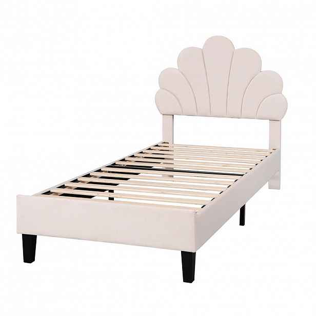 OKWISH ČALOUNĚNÁ postel 90/200 cm béžová z MDF se sametovým květinovým čelem a roštem