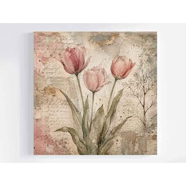 Plátné Obraz Na Plátně Tulipány Papír Fresc Vintage Retro 50x50