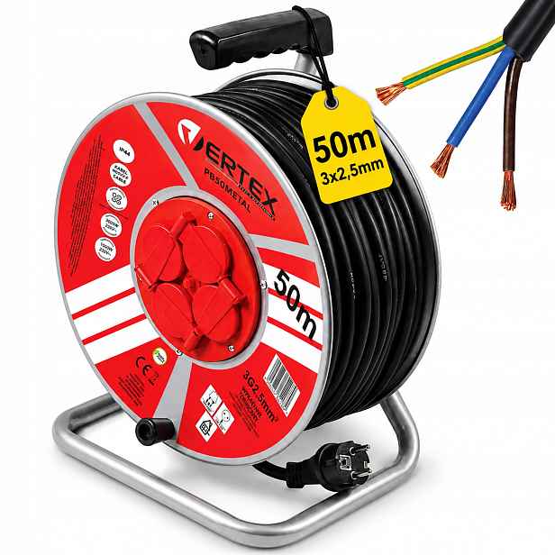 Prodlužovací Kabel Na Bubnu 50M S Uzemněním 3X2,5mm2 4 Zásuvky Kovový Odolný