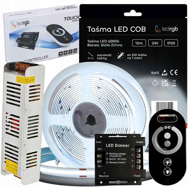 Sada Led pásků Cob 24V 10 m 6000K Bílá Studená Napájecí Zdroj Dálkový Ovladač Radiový Ster