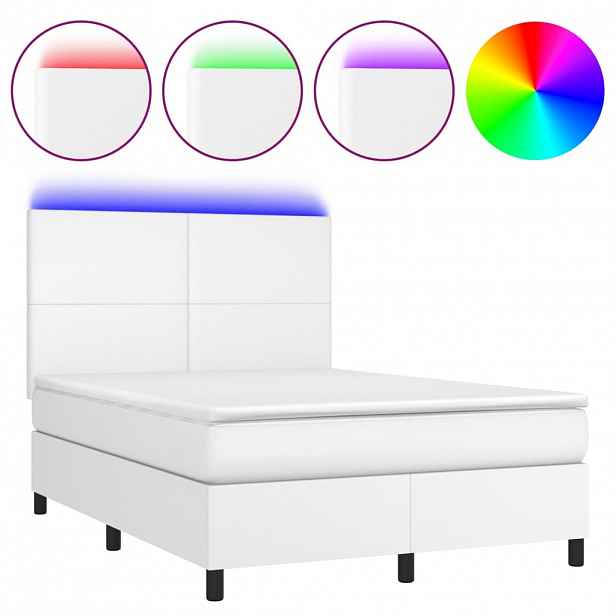 vidaXL Box spring postel s matrací a LED bílá 140x190 cm umělá kůže