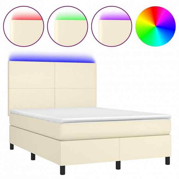 vidaXL Box spring postel s matrací a LED krémová 140x190 cm umělá kůže