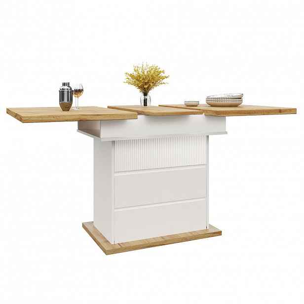 Modfu JÍDELNÍ stůl z MDF 110-140x80x75 cm bílá/přírodní rozkládací s úložným prostorem a tichým dovíráním