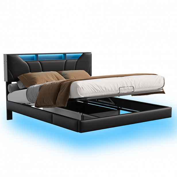 SHOPENTRA ČALOUNĚNÁ postel 140x200 cm černá LED USB bed box