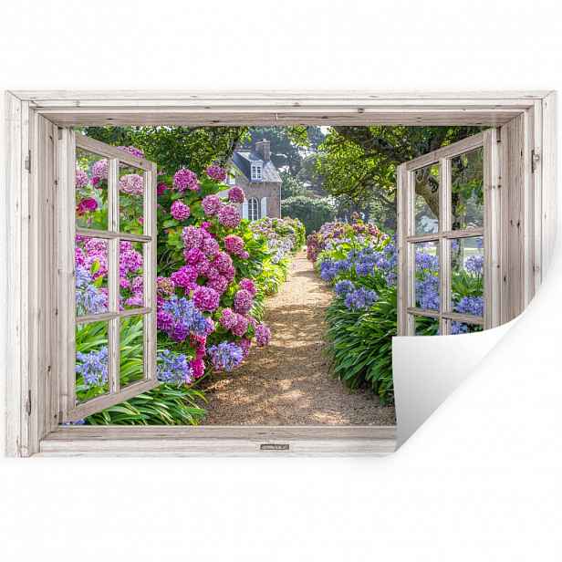 MuchoWow SAMOLEPKA NA ZEĎ Hortenzie - Průhledné - Květiny - Léto - Fialová - Cesta 120x80 cm