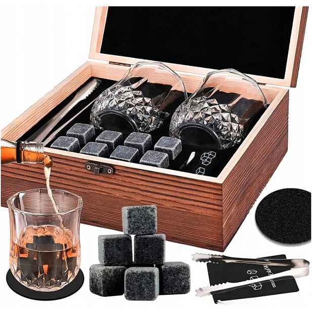 Sada na whisky Kameny Granitové Sklenice Dřevěná Krabička Dárek