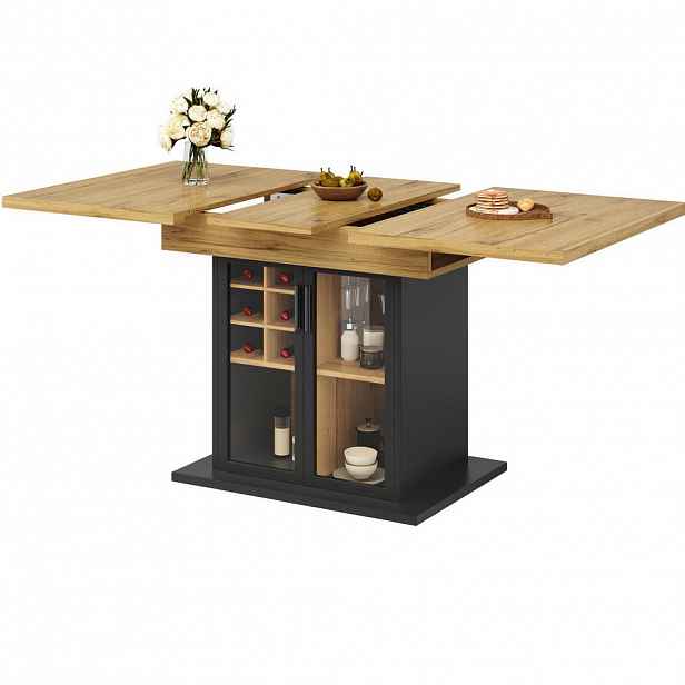 Modfu JÍDELNÍ stůl 140x80x76 cm černý z MDF s výsuvnou deskou a stojanem na víno