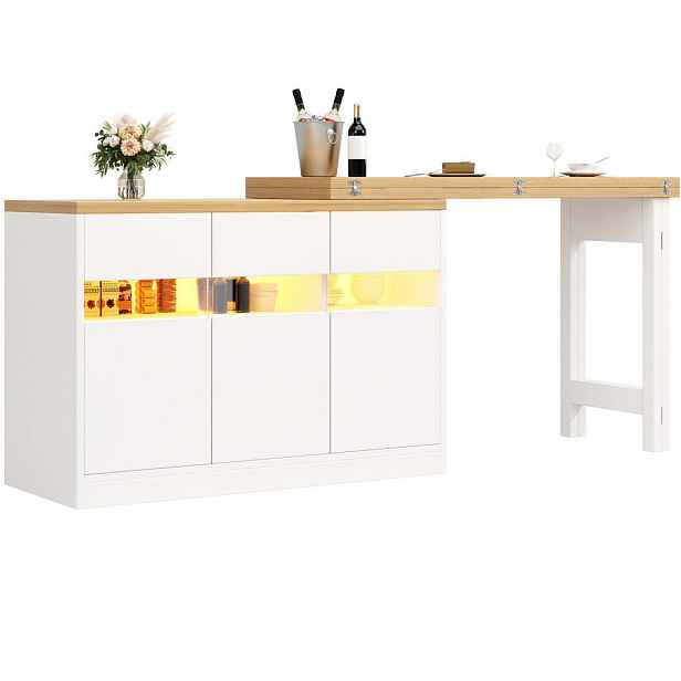 Redom BAROVÝ stůl 120-180/40/71,5 cm s LED osvětlením, otočnou deskou a úložným prostorem, Přírodní/Bílá