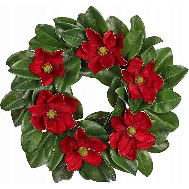 Dekorativní věnec umělá magnolie na dveře Vánoce 38 cm červený