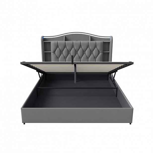 SHOPENTRA ČALOUNĚNÁ postel 140x200cm šedý samet, ložní box s plynovým ovládáním, LED, USB
