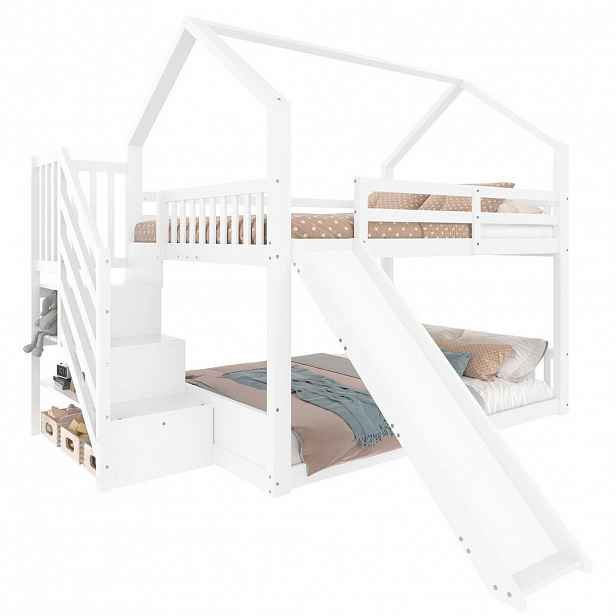 CHICFURN PATROVÁ POSTEL 140/200 cm v bílé barvě s úložnými schody a skluzavkou